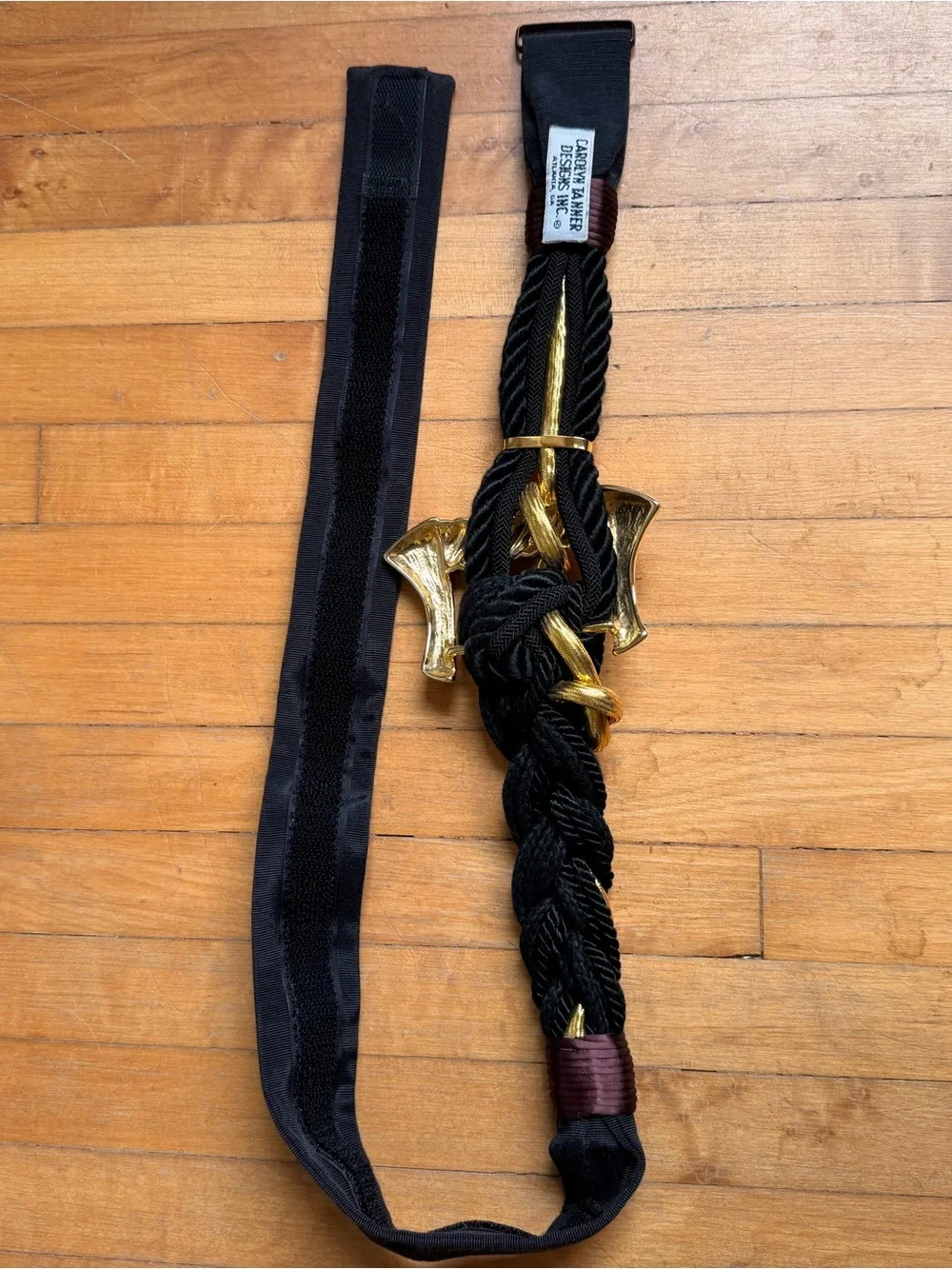 Carolyn Tanner Design 1980’s STATEMENT BELT Vintage Huge GOLD Buckle Black Rope